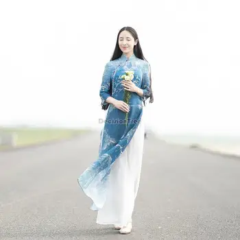 2023 tradicinių aodai suknelė kelnės nustatyti spausdinimo suknelė moterims vietnamas aodai šifono qipao suknelė elegantiškas šalis suknelė qipao a77 Nuotrauka 2