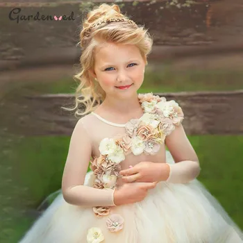 3D Gėlės, Uždusęs Gėlių mergaičių Suknelės ilgomis Rankovėmis Iliuzija Mergina Gimtadienio Suknelė Elegantiškas Mergina, Vestuves Suknelė 2020 m. Nuotrauka 2