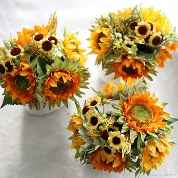 5 vadovai Geltona puokštė Šilko Saulėgrąžų dirbtinės gėlės, dekoratyvinių saulėgrąžų stalo išdėstymas namų dekoro priedai Nuotrauka 2
