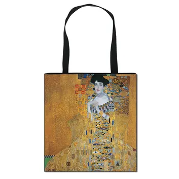 Aliejaus Tapybai Ašaros / Kiss Pečių Maišą Gustav Klimt Fonai Moterų Rankinės Ladise Didelių Pajėgumų Drobės Pirkinių Krepšys Didelis Entire Nuotrauka 2