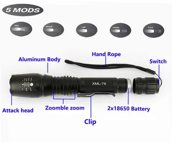Anjoet Super Vandeniui XML-T6 LED Taktinis Žibintuvėlis Zoomable Žibinto Lemputė Šviesos 5-Mode Naudoti 2x18650 Medžioklės Kempingas lanterna Nuotrauka 2