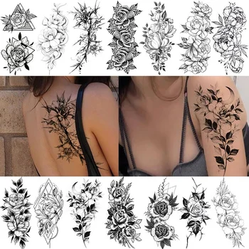 Atsparus vandeniui Laikina Tatuiruotė Juoda Sketchs Gėlės Tatuiruotės Lipdukai 3D Black 