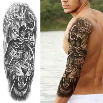 Black Lion King Laikinos Tatuiruotės Rankovėmis Vyrams, Moterims Netikrą Pavarų Tigras Visą Arm Tatuiruotės Lipdukas Realus Gyvūnų Tatuiruotė Vandeniui Nuotrauka 2