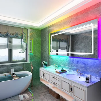 Didelis Vonios kambarys LED Kosmetinis Veidrodėlis RGB Spalva Keičiasi Apšvietimu Vonios Veidrodis Grūdintas Pritemdomi Anti-Rūko led Veidrodis Nuotrauka 2
