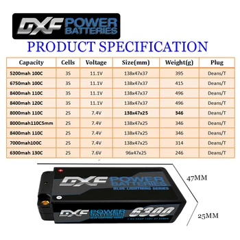 DXF 3S Lipo 2S Baterijos 7.4 V, 11.1 V 5200mah 6750mah 6300mah 8000mah 8400mah T/Dekanai RC 1/8 Buggy Traxxasx Automobilių Off-road Truck Nuotrauka 2