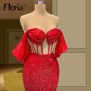 Floria Raudona Ilga Šalis Suknelė, Korsetas Prom Chalatai 2022 Naujausias Off Peties Duobute Blizgančių Garsenybių Suknelės Vestuvių Suknelės Moterims Nuotrauka 2