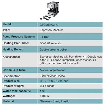 Gevi Espreso kavos Aparatas 15Bar Kavos Aparatas, Pusiau automatinė Buitinių Kavos virimo aparatas su kavos Putų Lazdelė 1100W GECME403-U Nuotrauka 2