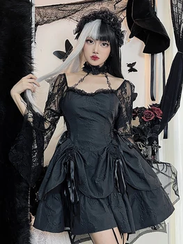 Goth Dark Lolita Gotikos Estetika Moterų A-line Dresses Grunge Harajuku Nėrinių Falre Rankovės Partywear Raišteliu Klubas Alt Drabužiai Nuotrauka 2