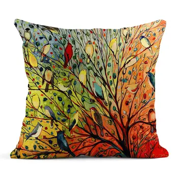 Gėlių ir paukščių aliejaus tapybai modelis lininis užvalkalas, gyvenamasis kambarys sofos, pagalvėlės dangtis, namo apdaila, stilingas namų užvalkalas Nuotrauka 2