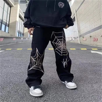 Hip-Hop Vyrų Unisex Džinsai Amerikos Gatvės Prarasti Tiesiai Pločio Kojų Kelnės Harajuku voratinklyje Spausdinti Emo Y2K Džinsinio audinio Kelnės 90s Nuotrauka 2