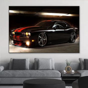 Juoda Dodge Challenger su Raudonos Juostelės Transporto priemonės Šiuolaikinės Drobė, Tapyba, Plakatų ir grafikos Sienos paveiksl Namų Dekoro Cuadros Nuotrauka 2