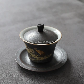 juoda keraminiai indai gaiwan teaup Kung fu arbatos rinkiniai 130ml Nuotrauka 2