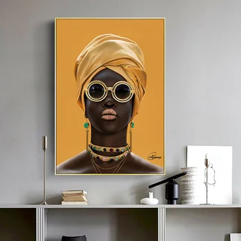 Juoda Moteris Su Akiniais Aliejaus Tapybai Ant Sienos Šiuolaikinės Dekoras Drobė Sienos Menas Nuotraukas Cuadros Geltona Afrikos Moteris Plakatas Nuotrauka 2