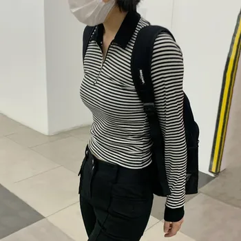 Karrram korėjos Stiliaus Polo Marškinėliai Kpop ilgomis Rankovėmis Dryžuotas marškinėliai Japonijos Mados Moterų Derliaus Slim Tampri Viršūnes Užtrauktukas Nuotrauka 2