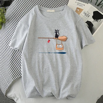 Kawaii Juoda Katė Ant Stebuklinga Šluota Spausdinti Vyrų Marškinėlius Stilius Kokybės Marškinėlius Mados Kvėpuojantis T-Shirts Paprastumo Slim Mens Viršų Nuotrauka 2