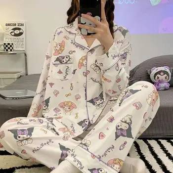 Kawaii Sanrios Pajama Komplektai Animacinių filmų Kuromi Sleepwear Pavasario Rudens Sezono Medvilnės Anime Pižama Moterims Loungewear Nuotrauka 2