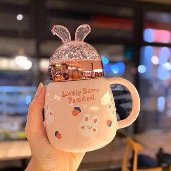 Korėjos Pink Rabbit Keramikos Vandens Puodelis su dangteliu-Miela Mergina, Širdies Ženklas Taurės Ju Raudona Svajonė 