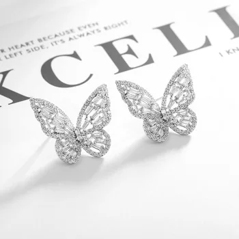 Korėjos tuščiaviduriai drugeliu auskarai sidabro adata kubinis cirkonis vabzdžių stud auskarai moterims prabangių vestuvių papuošalai prekės auskarai Nuotrauka 2