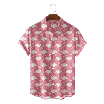 Mados Havajų Marškinėliai Vyrams Vasaros Paplūdimio Drabužiai Flamingo Piešimo Camisa Blusas Palaidinės Mygtuką Iki Streetwear Chemise Nuotrauka 2