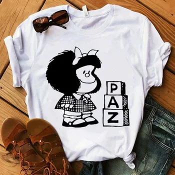 Mafalda T-shirt Moterims, Vasaros harajuku atsitiktiniai trumpomis rankovėmis marškinėliai Streetwear O Kaklas Baltas Viršūnes Trišakis 90-ųjų animacinių filmų marškinėlius Femme Nuotrauka 2