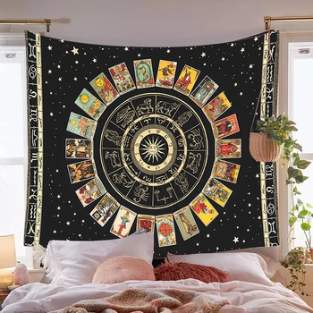 Mandala Taro Kortų Gobelenas Varantys Zodiako, Astrologija Diagramą ir Majoras Arcana Taro Saulės ir Mėnulio Sienos Kabo Namų Dekoro Nuotrauka 2