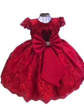 Mielas Raudono Tiulio, Nėrinių Kūdikių, Mergaičių Suknelės Satino Lankas Oficialią Dėvėti Inscenizacija Šalis, Chalatai Kūdikio Pirmojo Gimtadienio Suknelė Bžūp Rankovėmis Nuotrauka 2