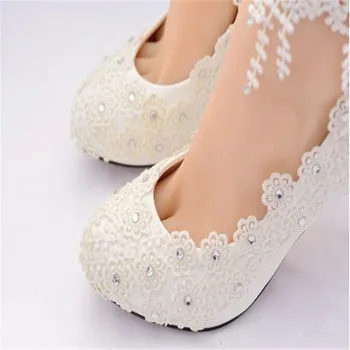 Moterų balti aukštakulniai vestuviniai bateliai moteriški bateliai, nėriniai nuotaka gėlių batai moterų avalynė seklių batai 4.5 / 8cm didelis Nuotrauka 2