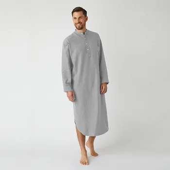 Musulmonų Vyrų Sleepwear Pižama Pižamą Ilgomis Rankovėmis Mygtuką Kietieji Ilgai Marškinėliai Sleepwear Mens Mygtuką Antkaklis Arabų Skraiste Pijamas Vyras Nuotrauka 2