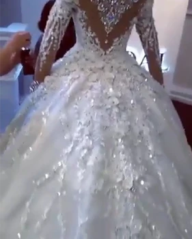 Nauja Afrikos Kristalų Vestuvių Suknelė 2023 ilgomis Rankovėmis, Užkarpomis, Uždusęs Vestuvinės Suknelės 3D Gėlių Nėrinių Vestidos Noiva Chalatas De Mariee Nuotrauka 2