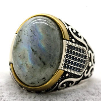 Naujas autentiški sidabro senovinių turkijos mėlyna cirkonis žiedai ir labradoras vyrų spalvinga punk rock papuošalai Nuotrauka 2