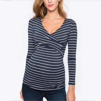 Naujas Nėščioms Moterims T-shirt Motinystės Palaidinė Krūtimi Atsitiktinis ilgomis Rankovėmis Viršūnes Dryžuotas Nėštumo, maitinimo Krūtimi Maitinančioms Marškinėliai Nuotrauka 2