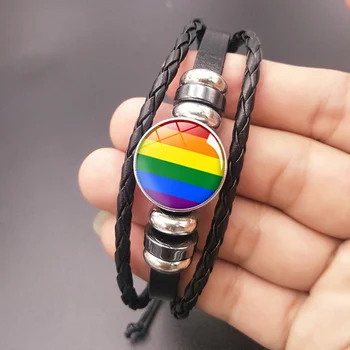 Naujas Rainbow Gėjų, Lesbiečių Paradus Žavesio Apyrankę, Stiklo, Odos Snap Mygtuką Apyrankės LGBT Homoseksualų Meilės Papuošalai, Aksesuarai Nuotrauka 2