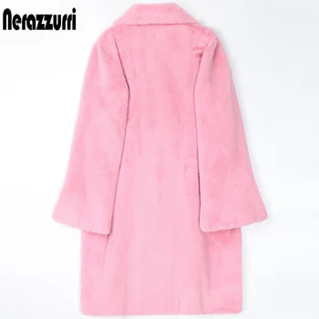 Nerazzurri Žiemos Pink Šiltas dirbtiniais kailių paltai moterims blyksnius rankovės atvartas Kišenės Atsitiktinis minkštutis striukė korėjos Stiliaus Mados 2021 Nuotrauka 2