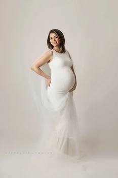 Nėštumo Maxi Suknelė Fotografijos Prop Ilgos Baltos Suknelės Nėriniai + Apsiaustu Motinystės Suknelė Nėščiosios fotosesiją Prom Dress Nuotrauka 2