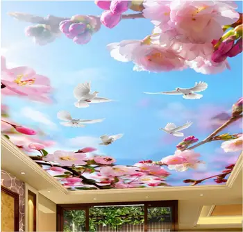 Pasirinktinius nuotraukų 3d tapetai, lubų freskos Gražių gėlių ir balti balandžiai kambarys tapybos 3d sienų freskomis tapetai, sienų ir 3 d Nuotrauka 2