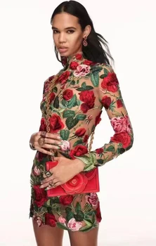 Raudona Rožė Gėlių Siuvinėjimas Tiulio Tinklelio, Nėrinių Audinys 2023 Naujausias Mados Suknelė Chalatai Aksesuaras 1 Kieme(Tai audinys NE suknelė!!) Nuotrauka 2