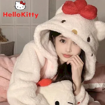 Sanrio Kawaii Žiemos Hello Kitty Rūbeliai Animacinių Filmų Ins Koralų Vilnos Pižama Storas Šiltas, Mielas Pijamas Moterų Namuose Dėvėti Rožinė Nightgowns Nuotrauka 2