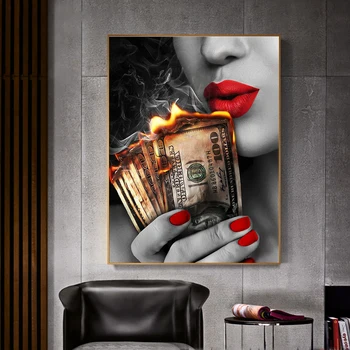 Sexy Raudona Lūpų Rūkymas Moteris Sienos Menas, Plakatų ir grafikos Žiūrėti Nuotrauką Deginimas Dolerio, Drobė, Tapyba Kambarį Apdaila Dovana Nuotrauka 2