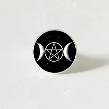 Triple Mėnulio Deivės Pentagram žiedas Ragana Papuošalai Stiklo Kupolas Raganavimas žiedas Efektingas Weika žiedas Nuotrauka 2