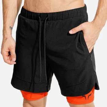 Vasaros nauji vyriški sportiniai šortai 2 in 1 saugos kišenėje seksualus veikia šortai vyrų dvigubo sluoksnio kvėpuojanti fitneso mokymo kelnės Nuotrauka 2