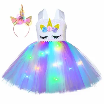 Vienaragis princesė Suknelė su LED žibintai, Mergaičių Suknelės Cosplay Vaivorykštės Vaikai Gimtadienio Helovinas Vienaragis Šalies Kostiumas Su lankelis Nuotrauka 2