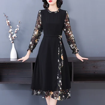 Vintage Black Gėlių Atsitiktinis Midi vakarinės Suknelės iki 2022 m. Rudens Žiemos Office Lady Suknelė Moterims, Elegantiškas Bodycon Šalies Vestidos Nuotrauka 2