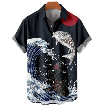 Vyriški Havajų Marškinėliai Marškinėliai Vyrams Tees 3D Bangų Modelį Spausdinti trumpomis Rankovėmis Beach Stiliaus Viršūnes Naujas Mados prekinių Ženklų vyriški Drabužiai Nuotrauka 2
