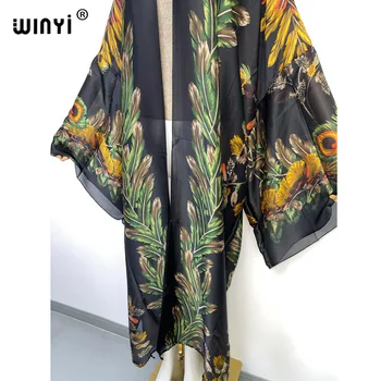 WINYI 2022 Boho Išspausdintas Ilgio Kimono Suknelę, Bikini Wrap Šilkiniai, Padengti ups Moterų Vasaros Drabužių Paplūdimio Drabužiai Plaukti Kostiumas Padengti Iki kaftan Nuotrauka 2
