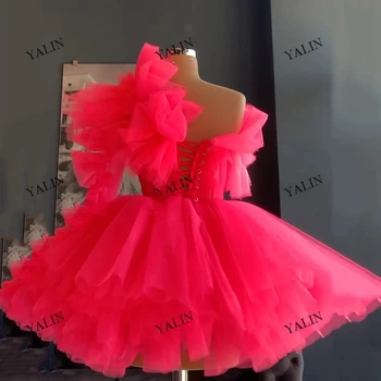 YALIN Nesimetriškas ryškiai Rožinės spalvos Tiulio Kokteilis Suknelės, Mini Ilgis, Vienos Pečių Saudo-Line Prom Dresses vestidos de fiesta Nuotrauka 2