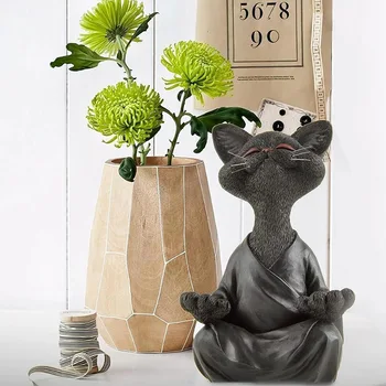 Įnoringas Pilka Juoda Buda Katės Statulėlės, Meditacija, Joga Kolekcines, Happy Cat Skulptūros Dervos Namų tuin decoratie Miniatiūros Nuotrauka 2
