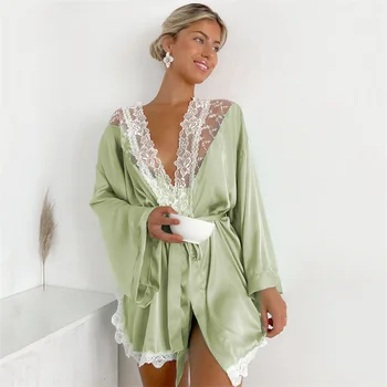 Žalia Sexy Nėrinių Sujungimas Chalatai Kimono Sleepwear Skaidrus Moterų Yukata Nightgowns Blyksnius Rankovėmis Satino Pižama, Chalatas Nuotrauka 2