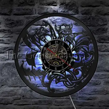  Žvėris, Vikingų, Viduramžių Ginklų Mūšio Kirvis Vinilo Įrašas Sieninis Laikrodis Su LED Apšvietimu Skandinavijos Vikingų Barzda Dekoro Šviesos Nuotrauka 2