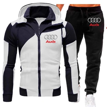 2 Gabalas Rinkiniai Audi Automobilių Logotipas Spausdinti Vyrų Tracksuit Motociklų Lenktynių Sportiniai Gobtuvu Swearshirt+Kelnės Kostiumas Mados, Sporto Drabužiai
