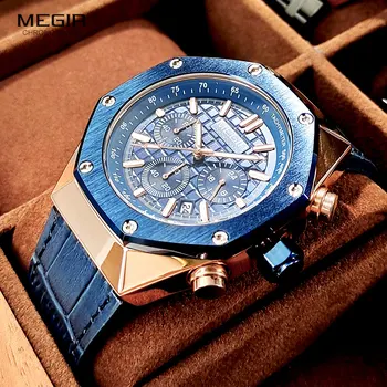 MEGIR Sporto Žiūrėti vyrams, Mėlynos spalvos Odinis Dirželis, atsparus Vandeniui Chronograph Kvarcas Laikrodis su Šviesos Rankas 24-valandą Auto Data 2213